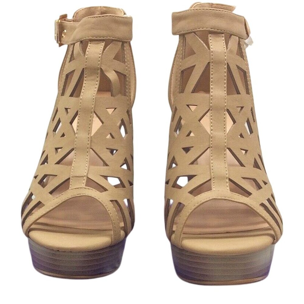 Top Moda Tapered High Heel Gladiator Geometric Laser Cutout Platform Dress Shoes